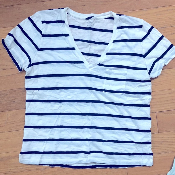 Madewell Whisper Cotton V-Neck w/ Pocket - Navy / White Stripes - Picture 4 of 16